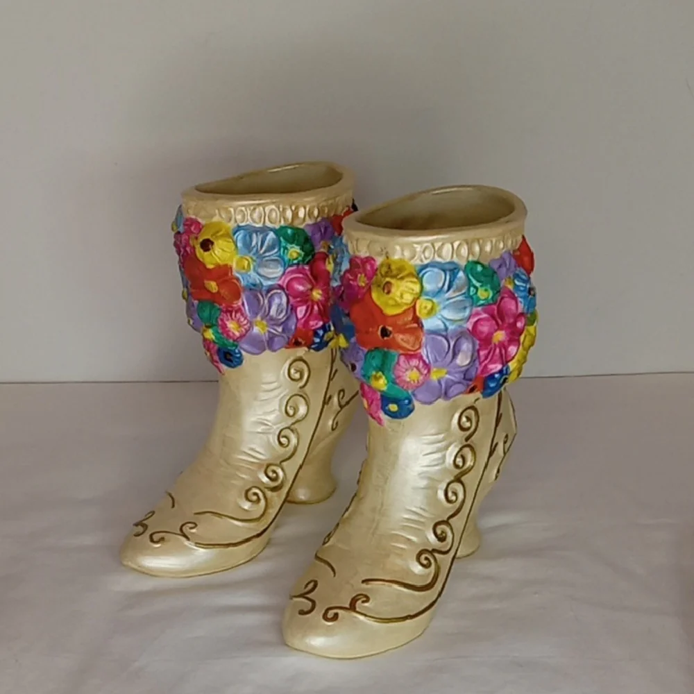 Vintage Pair Ceramic Colorful Floral Embellished Victorian Boot Shaped Vases